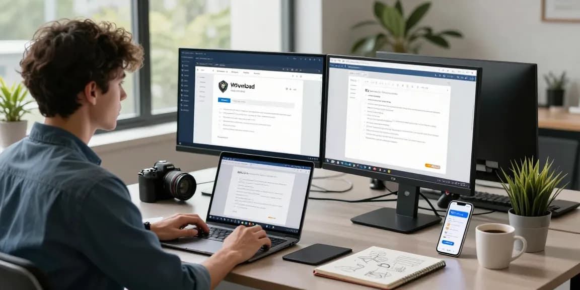 WPS Download page on dual monitors in a modern workspace setting, showcasing productivity tools.