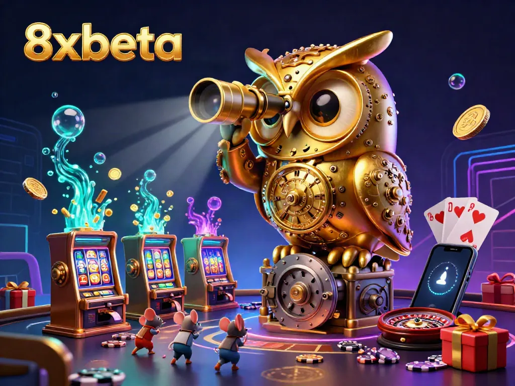 Engage with 8xbeta's vibrant casino experience as a clockwork owl surveys tiny patrons amidst dynamic slot games and rich visuals.