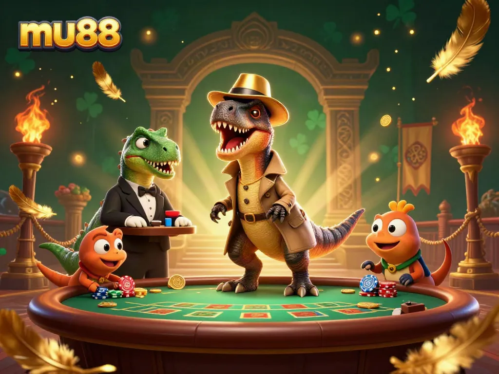 Experience thrilling gameplay at mu88 with a 3D velociraptor card counter at the blackjack table surrounded by vibrant casino elements.