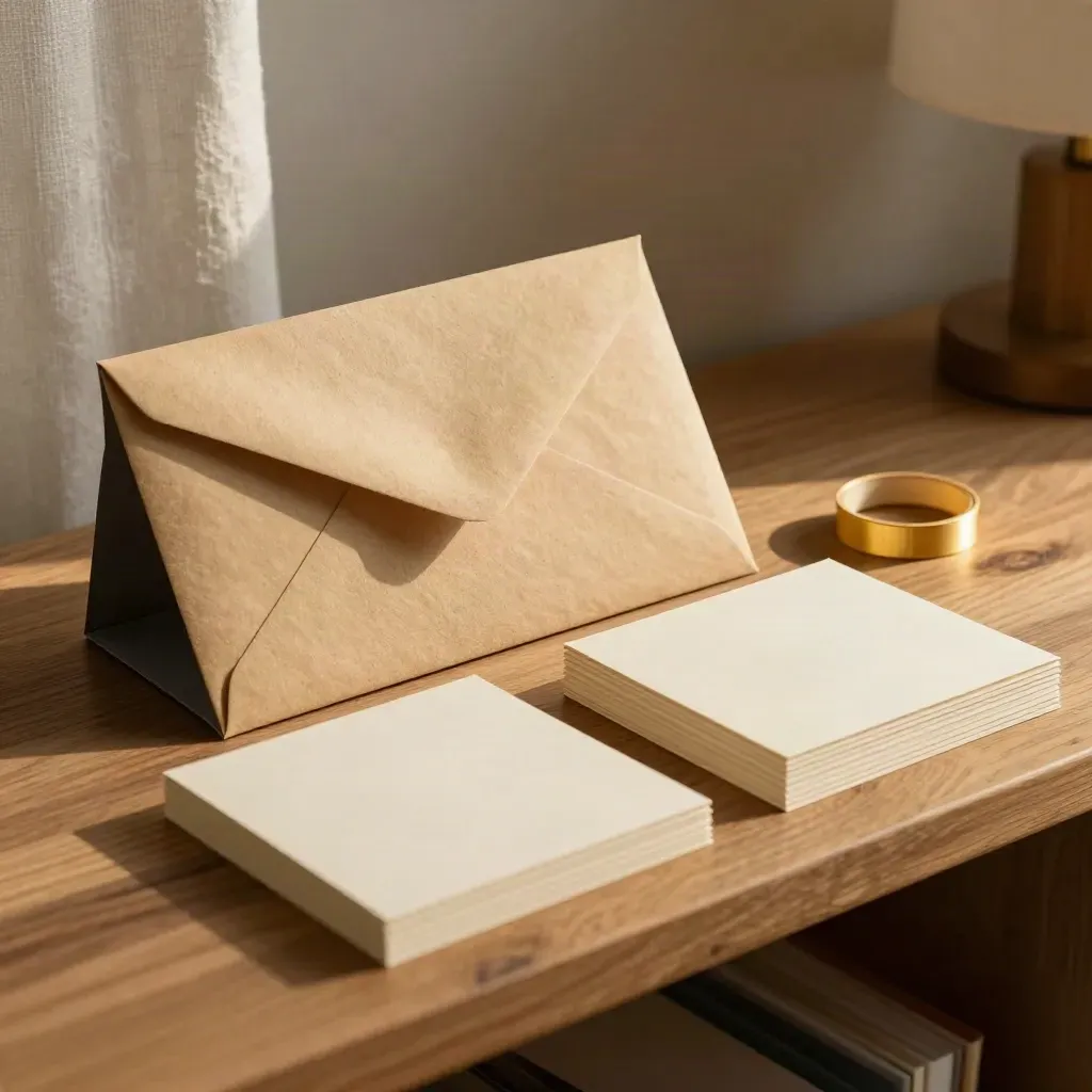 Launchkit med kuvert, vikt insert, mailer och kort i varm dokumentär butiksmiljö.