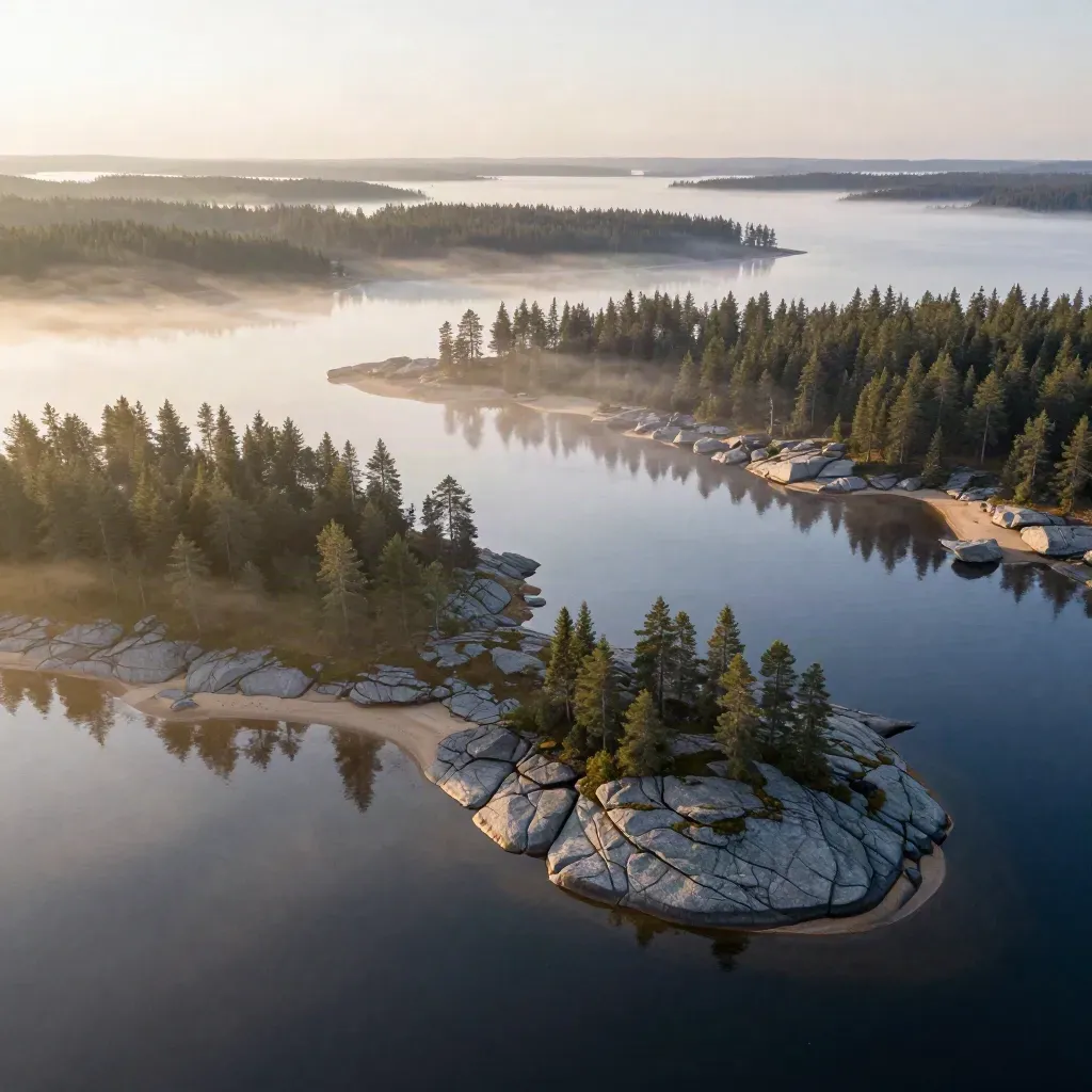 Svensk flygbild över skog, sjö och granit i mjuk gryningsdimma.