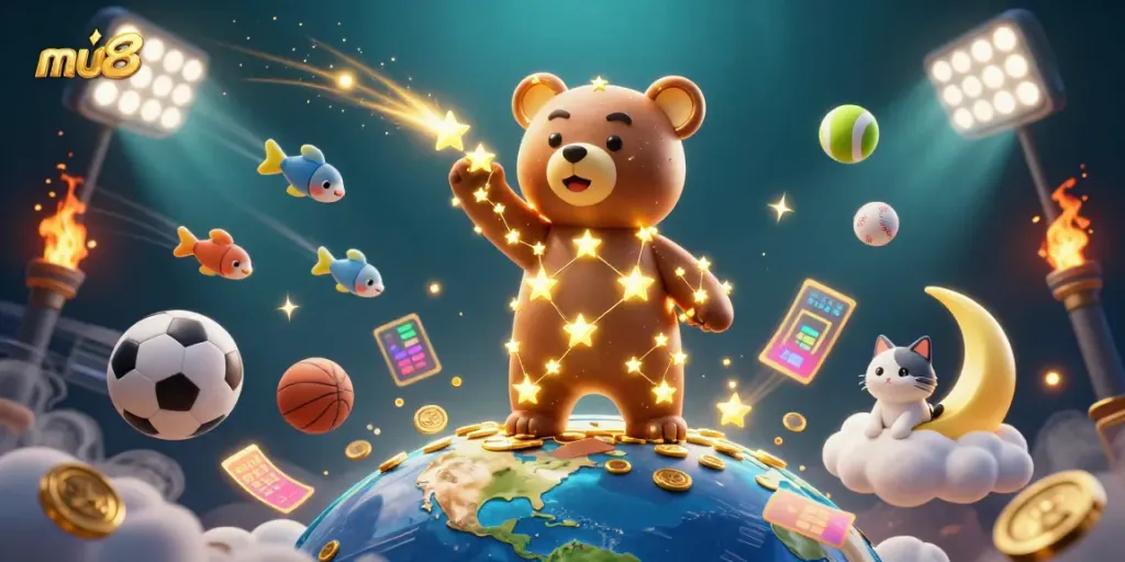 Experience thrilling casino adventures with mu88, featuring animated stars, sports elements, and lively characters.