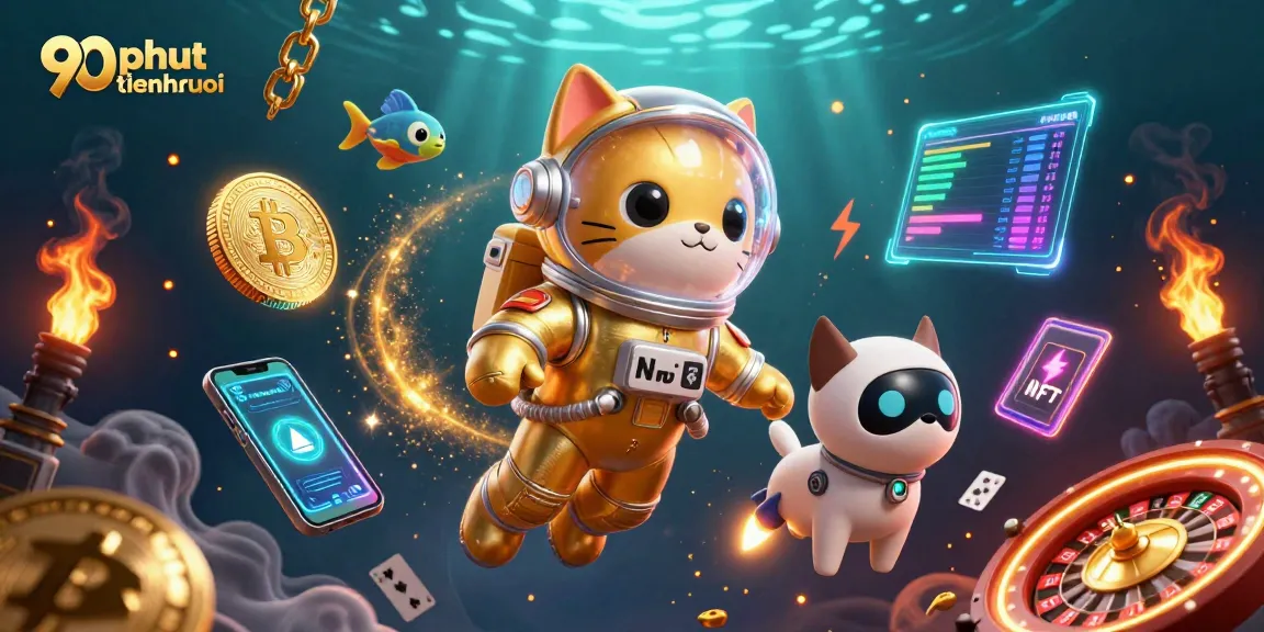 Experience the thrill of 90phut tiengruoi with floating Bitcoin coins and exhilarating casino elements.