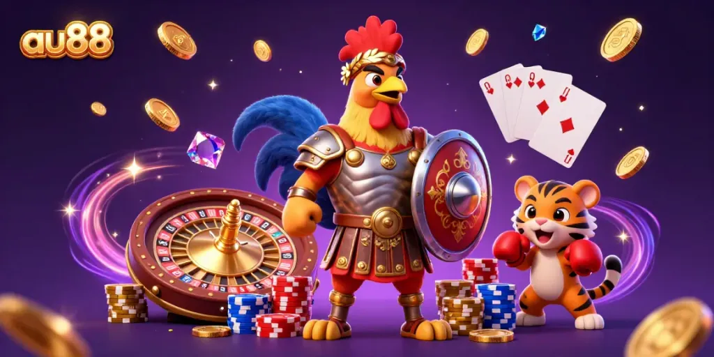 Experience the thrill and excitement of au88 with a dynamic animated casino scene featuring a rooster fighter and a tiger cub.