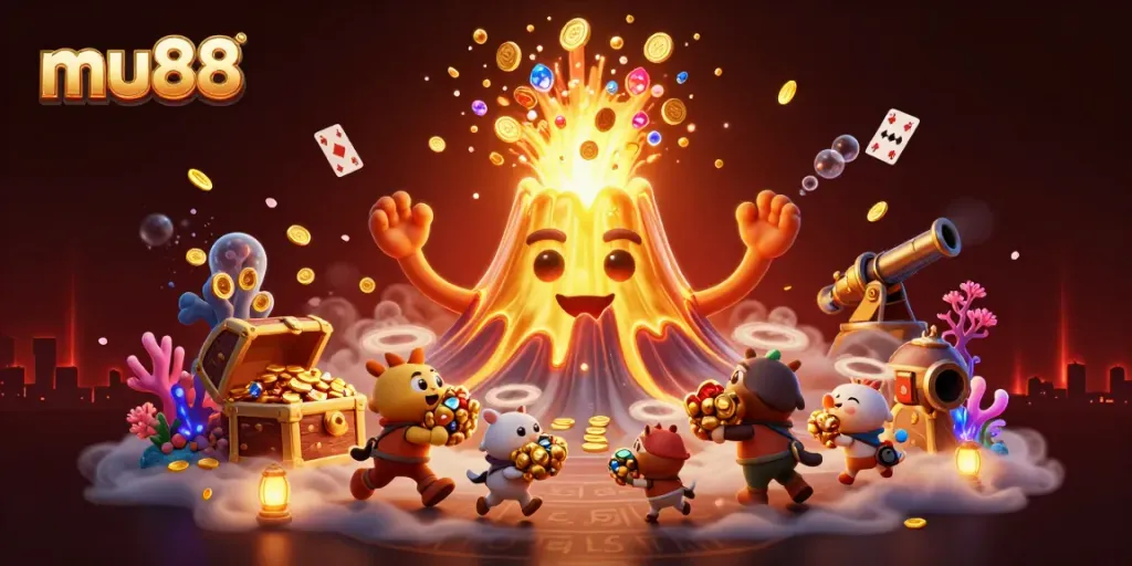 Engaging mu88 themed 3D illustration with a triumphant golden volcano, treasure, and dynamic game elements.