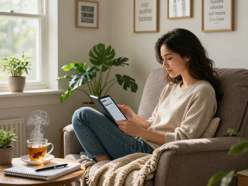 An individual exploring rokok88 mental health articles in a cozy reading nook.