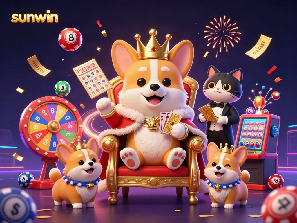 Experience the excitement of sunwin's gambling scene with vibrant lottery balls and animated characters.