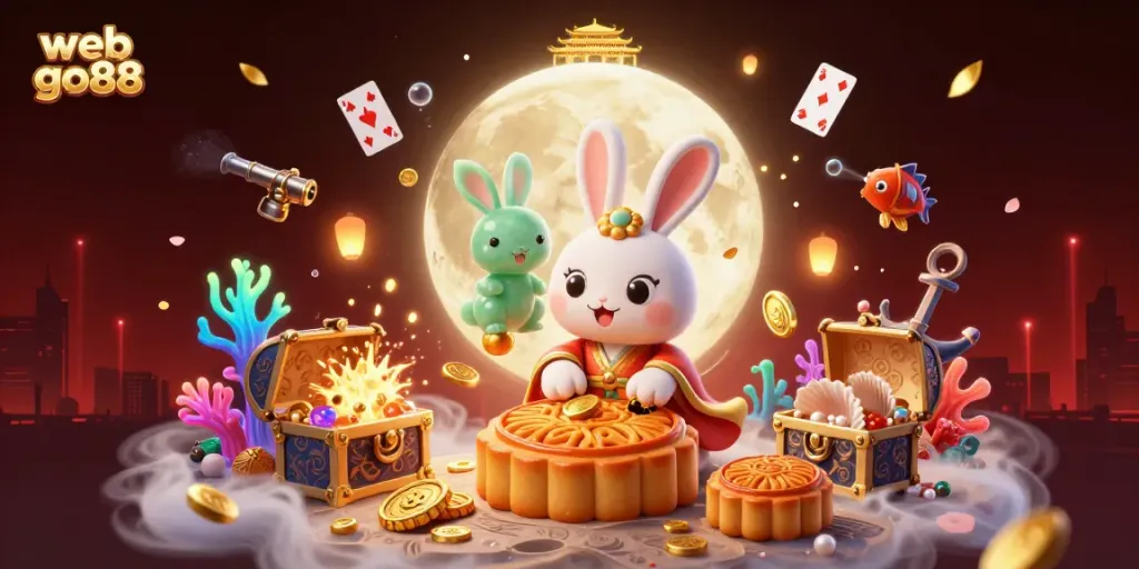 Experience gaming adventure with web go88 as moon rabbits unveil poker treasure in a vibrant 3D scene.