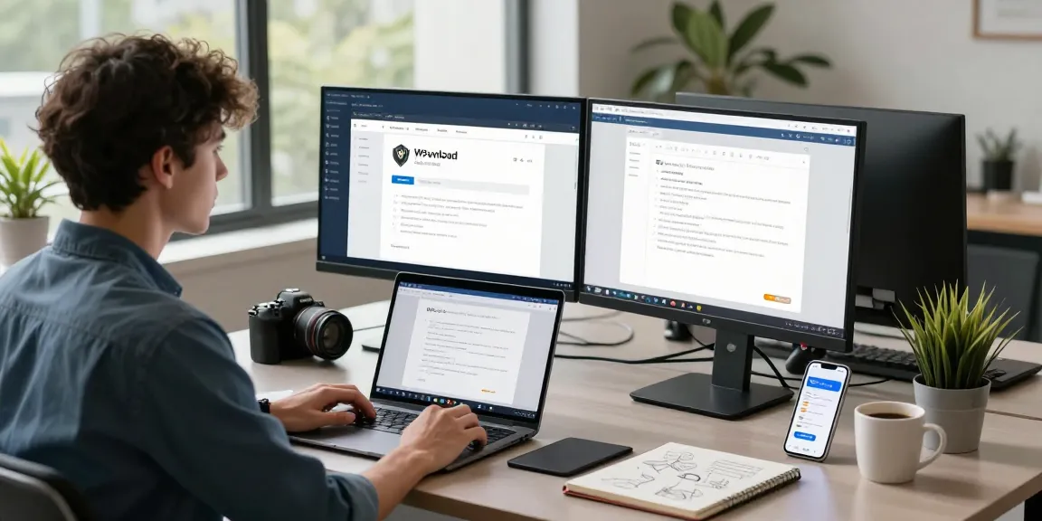 WPS Download page on dual monitors in a modern workspace setting, showcasing productivity tools.