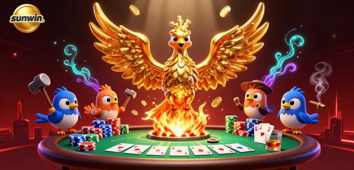 Engage with the vibrant world of sunwin. featuring a molten metal phoenix amidst poker action and casino excitement.